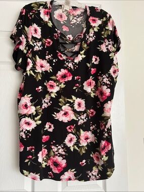 loralette Black Floral Crisscross V-Neck Top with Pink Roses